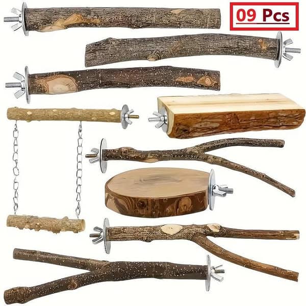 UK bird toys 9pcs birdcage accessory set, natural wood chew toys, habitat, stand fork, hanging swing and hammock, parrot, parrot, sparrow and small to medium-sized bird interactive game set
