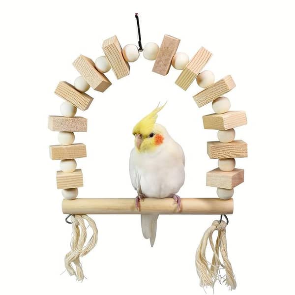 UK bird toys Birch Wood Parrot Swing & Chew Toy - Multi-Level Bird Perch with Hanging Ropes, Chewable Branches, & Tassels for Cockatiels, Budgies, Lovebirds, Conures - Rounded Edges Bird Cage Accessory Parrot Chew Toy Bird Toy Colorful Wooden Beads Ropes