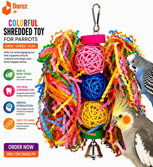 UK bird toys Colorful Shredded Paper Chew Toy for Parrots | Hanging Bird Cage Toy with Rattan Balls & Bell | Budgies, Cockatiels, Lovebirds & Small Parrots