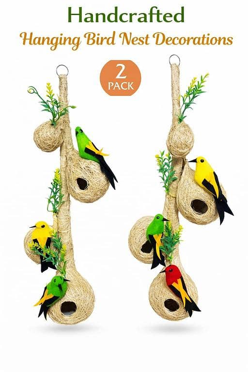 UK bird toys 2 pack Handmade Artificial beautiful Bird nest, Decorative Nest, excellent Decor Hanging Nesting Hand Woven Natural Humming Bird Nest Hut for Window Home Garden Tree Outdoor Event and Decoration