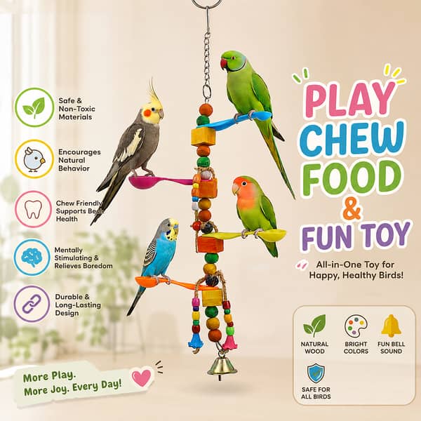 UK Bird toys spoon toy  Bird Parrot Hanging Chewing Toy, Natural Wooden Perch Slices, Rope, Multicolor Blocks Wooden Beads Bite Toy, Best for Large and Medium Parrots and Birds natural wooden bird cage toys
