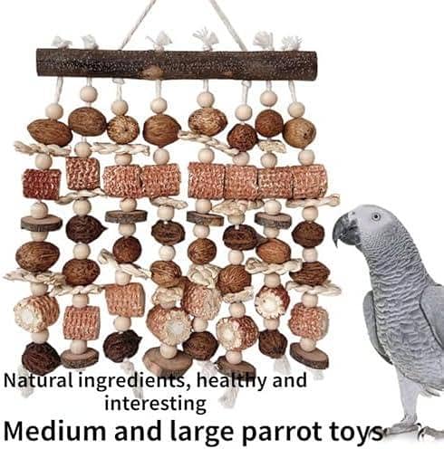 UK bird toys Large Parrot Toy-Natural Wooden Nuts Corncob Corn Husk Chewing Tearing Toy for African Grey, Amazon Parrots, Macaws, Medium Breeds Multi-Level Wooden Bird Climbing Tower with Scratching Posts, Enclosed Perch & Hanging Toys - High-Quality Wood