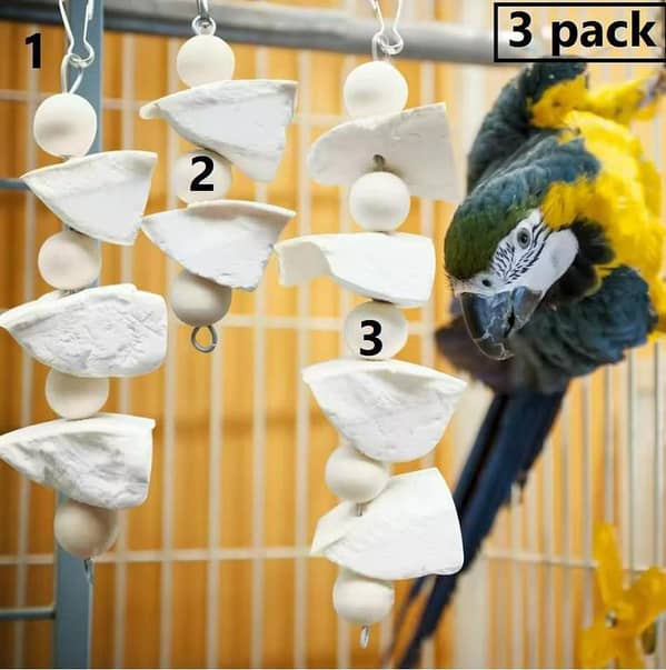 UK bird toys 3 pack CuttlefishBone Bird Hanging Chew Toy Parrot Bird Teeth Calcium Supplementation Bite Toy for Small Animal Hamster Pet Supplies Parrot Chew Toy Made of Cuttlebone and Wooden Beads, a Hangable Decorative Accessory Suitable for Birds