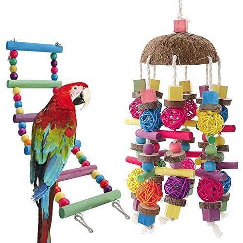 UK bird toys 2 pack Large Bird coconut shell Swing Toys, Big Parrots Chewing Natural Wood with Bells Toys for Childhood Macaws Cokatoos, Alexandrine Parakeet, African Grey Parrot and a Variety of Medium Amazon Finch