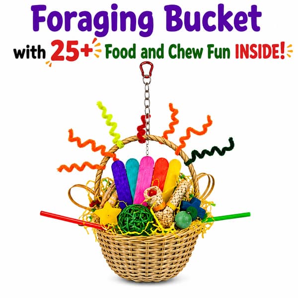 UK bird toys Bird Foraging Toy Basket | Shredding & Chew Toy with 25+ Natural Materials | Hanging Parrot Enrichment Toy for African Grey, Ringneck, Cockatiel, Lovebird, Conure & Parakeet