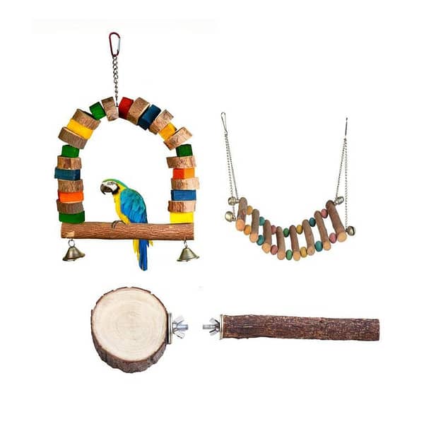 Bird Parrot 4 Cage Toys Pack, Int Standard Toys made by Natural Perch Slices Colorful Blocks Food Color with Hanging Clip, Large Colorful Ladder, Straight Round Perches Stand, Best for all size Parrots