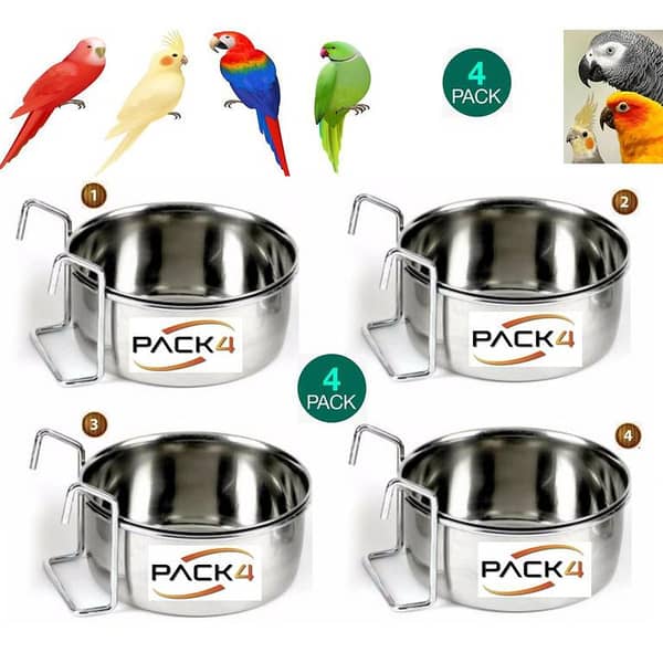 UK bird toys 4 Pack Bird Feeder Birds Bowls Stainless Steel Dishes Coop Cups with Wire Hook, Parrot Feeding Dish Cups Food Water Bowls