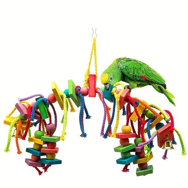 UK bird toy Colorful Wooden Chew Block Parrot Toy with Hanging Ropes & Bells - Interactive Bird Chew Toy for Small & Medium Parrots, Lovebirds, Cockatiels - Mental Stimulation & Beak Health, Parrot Chew Toy | Interactive Design | Durable Bird Toy