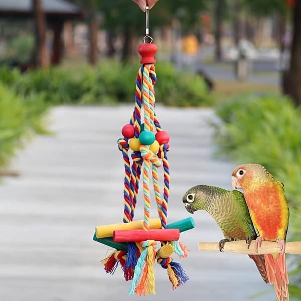 UK bird toys Colorful Braided Rope Chew Toy for Parrots with Wooden Blocks & Beads - Fun Hanging Bird Cage Accessory for Beak Health & Playtime, Parrot Play Toy | Decorative Hanging Toy | Wooden Beads Toy, Bird Toys