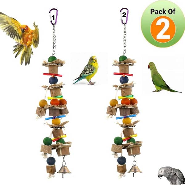 UK bird toys 2 pack Parrot Chew Toys, Bird Parrot Hanging Bite Wooden Blocks Cage Fun Toy for Macaw African Greys Cockatoo Eclectus Budgies Parakeet Cockatiel ect Large Medium Birds