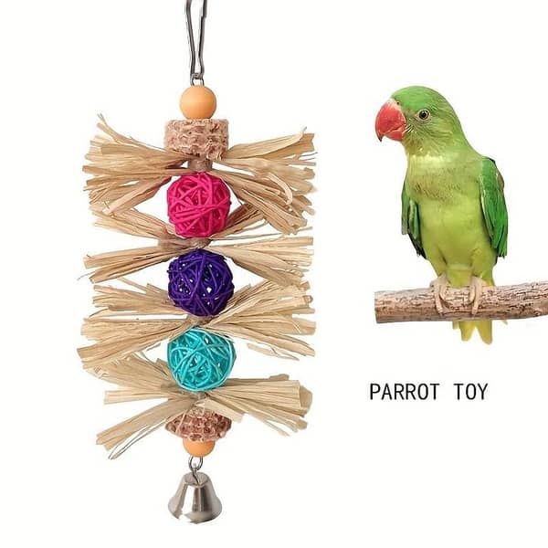 UK bird toys Natural Corn Husk Woven Parrot Chew Toy with Colorful Beads and Hanging Bell - Durable, Enriching Bird Cage Accessory for Parrots, Bird Toy|Natural Fiber Toy|Durable Bird Toy