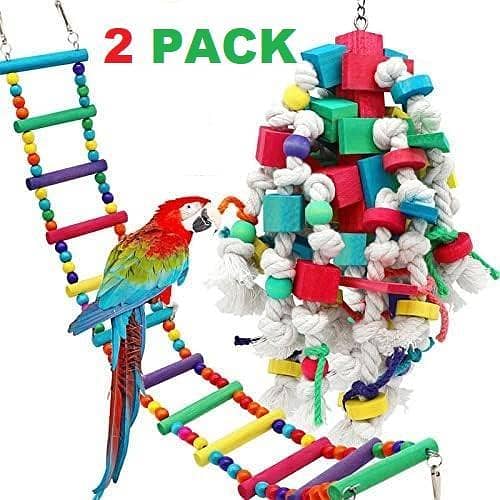 UK bird toys 2Pcs Extra Large Bird Parrot Toys, Large Bird Swing Toys Ladder Natural Wood Multicolored Wooden Blocks Tearing Toys for African Grey, Ara ararauna, Ara militaris, Macaws, Amazon Parrots
