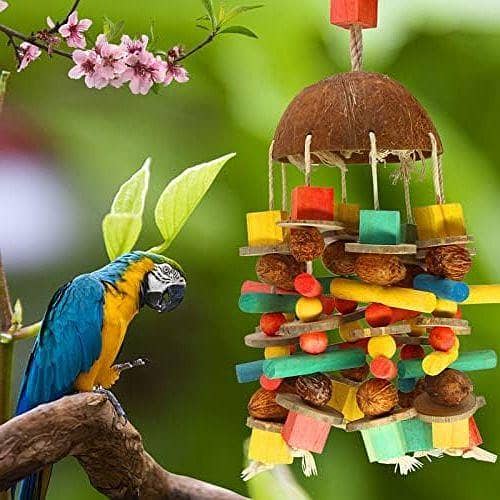 UK bird toys Parrot Toys, Bird Foraging Toy Natural Coconut Shell Walnut Chewing Toy Colorful Wooden Blocks 17Inch Bird Toy for Large Parrot Birds African Grey, Macaws