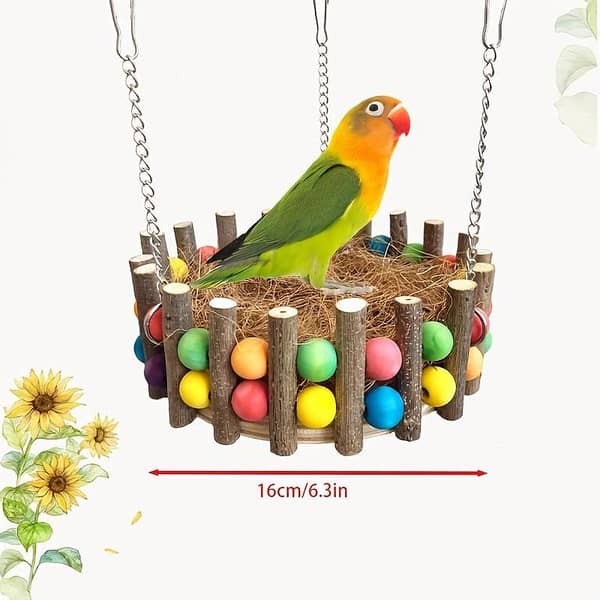 UK bird toys Wooden Parrot Swing Hammock with Natural Wood and Beaded Branches, Climbing Perch for Chewing and Nesting, Coconut Mat Hanging Birdhouse, Cage Accessories, All-Season Use