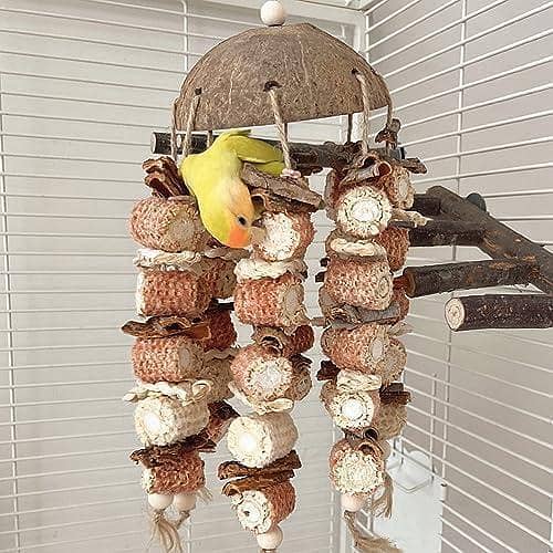 UK bird toys Coconut Shell Bird Chewing Toy, Bark Corn Cob Corn Leaves Parrot Toys, Fun Decorative Parrot Chewing Toy, Interactive Bird Toys for Parrots, Widely Applicable Bird Toys