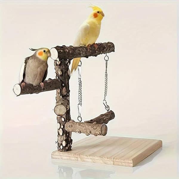 UK bird toys Parrot stand 9 x 6 inches Multi-Level Wooden Bird Perch for Parrots - Sturdy Training Stand with Hanging Rope, Natural Wood Design for Indoor Birds, Bird Of Parrots, Bird Shelf, Natural Wood Construction