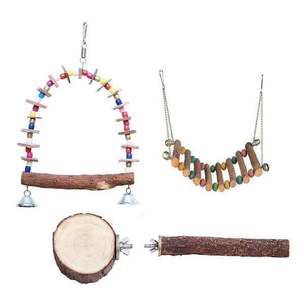 Bird Parrot Hanging Toy, Colorful Ladder made by Natural Perches and Food Color, Seesaw made by Natural Wooden Perch, Natural Leather Strips and Colorful Beads, Natural Straight and Round Perch Stands, 4 Birds Cage Toys Set