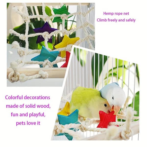 UK bird toys Star bridge Parrot Rope Climbing Net, Boredom Relief Chew Toy, Sturdy Rope Ladder, Parrot Toy, Bird Cage Accessory with Beads and Stars in Random Colors