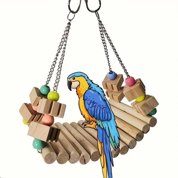 UK bird toys Natural Wood Bird Swing & Chew Toy with Colorful Beads & Hanging Perch - Chewable Parrot Cage Accessory, for Small Pets (Parrots, Lovebirds, Cockatiels) - Bird Chew Log & Climbing Activity Bird Toy, bird ladder rope, Naturals Rope Wooden