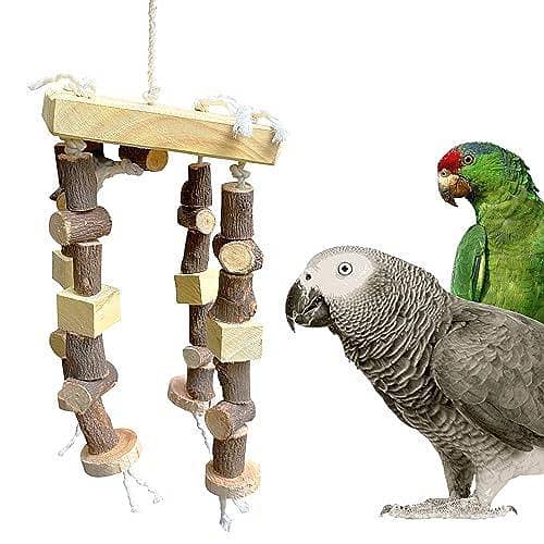 UK bird toys Bird Parrot Chew Wood Hanging Jhummer Chewing Toy, Natural Wooden Perch Slices, Rope, Multicolor Blocks Wooden Beads Bite Toy, Best for Large and Medium Parrots and Birds natural wooden bird cage toys