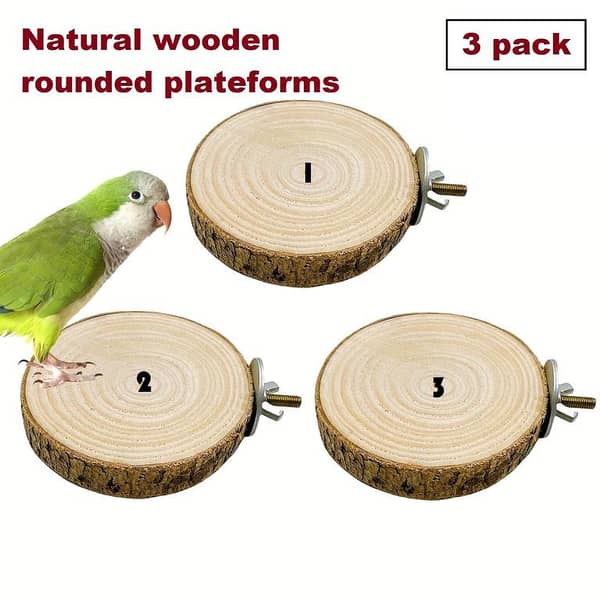 UK bird toys 3-Pack Bird Cage Perch Platforms, Natural Round Wooden Stand Platform Toy for Long-tailed Parakeets, Cockatiels, Cockatoles, Sparrows, Hamsters, Golden Finches