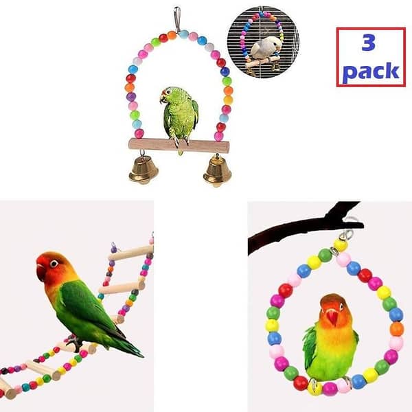 UK bird toys 3pcs Bird Play Gym Set, Parrot Exercise Toys with Beaded Hoop,  Wooden Ladder, and Swing, Crude Wood Bird Perch, for Parakeets and Other Small Birds