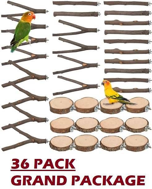 UK bird toys 36 PIECES PACK Natural Wood Bird Perch, Wooden Parrot Perch Stand Bird Cage Branches Platform Accessories for Parakeets Cockatiels Conures Macaws Finches Love Birds