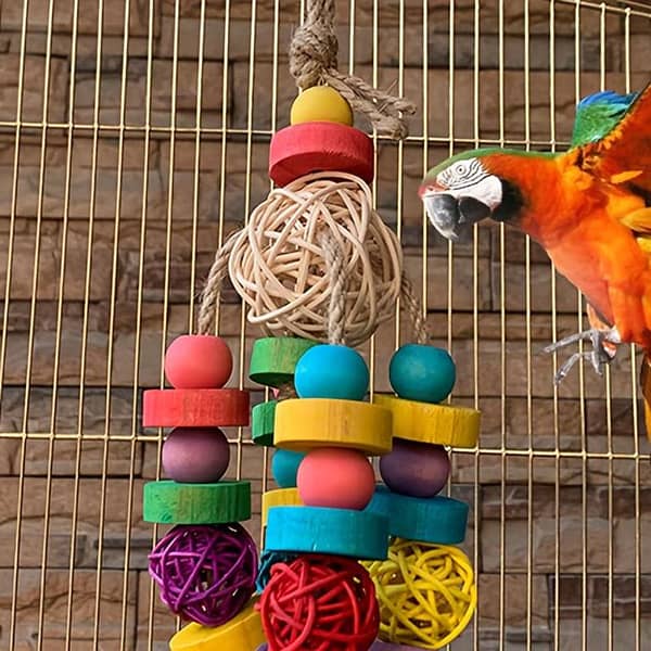 UK bird toys Vibrant Parrot Chew Toy for Small & Medium Birds - Colorful Rattan Ball Design with 4 String Attachments, Interactive Chewing Toy for Mental Stimulation & Exercise, Parrot Accessories, Bird Activity Tool, Playful Design, Bird Toys Big Toy