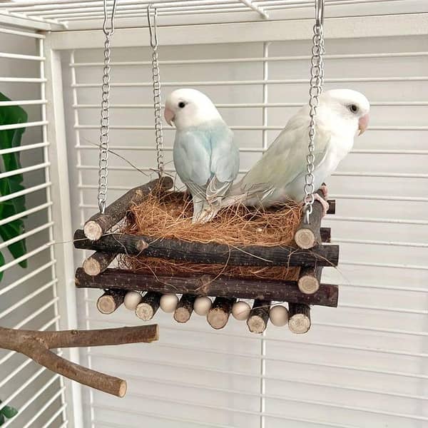 UK bird toys Wooden Parrot Swing Hammock with Natural Wood and Beaded Branches, Climbing Perch for Chewing and Nesting, Coconut Mat Hanging Birdhouse, Cage Accessories, All-Season Use