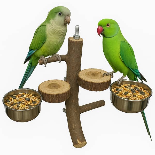 UK bird toys Wood Parrot Play Stand with feed bowls Height 12 inch / width 6 inch / 3 perches + 3 rounded plate form with free palm ring swing, Nature Wooden Parrot Bird Fork Stand, Natural Wooden Parrot Platform, Wooden Stick Platform Rope Ladder