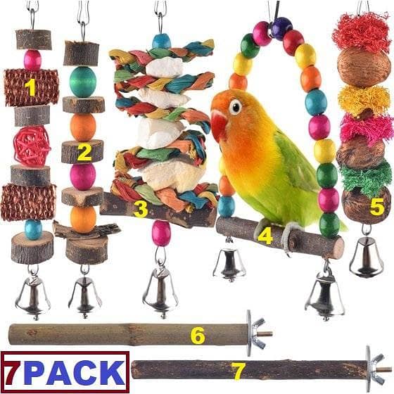 UK bird toys 7 Packs Bird Chew Toys, Parakeet Natural Wood Toys Parrot Hanging Cage Toy Bird Perch Stand for Small Bird Conure Cockatiel Parrotlet Lovebird