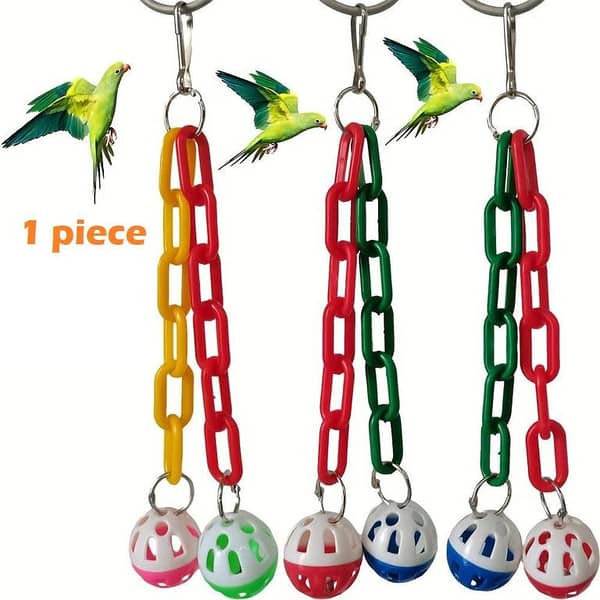 UK Bird Toys 1pcs Parrot Hanging Swing Toy with Plastic Chain Links and Bell Ball Pendant, Interactive Bird Cage AccessoryBell Ball Parrot Toy Pendant Colorful Chain Bird Cage Pendant Interactive Bird Toy, Random Color