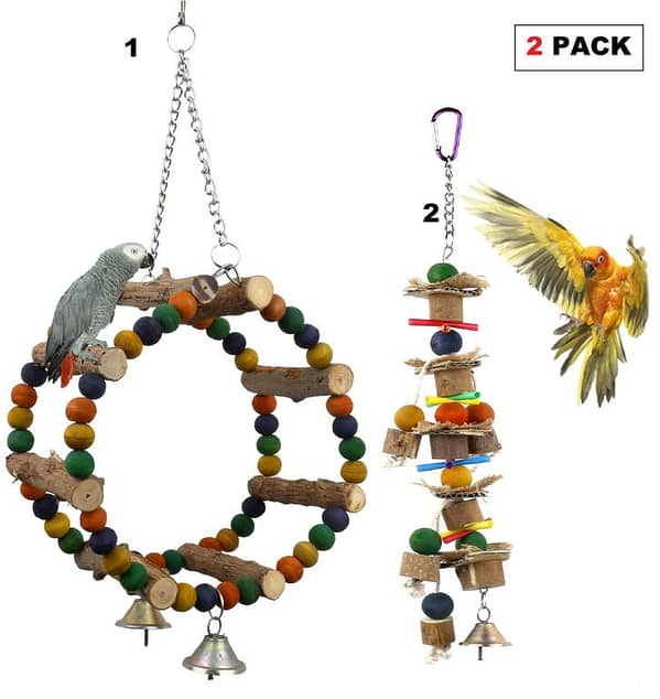 2 PACK UK BIRD TOYS Parrot Chew Toys, Bird Parrot Hanging Bite Wooden Blocks Cage Fun Toy for Macaw African Greys Cockatoo Eclectus Budgies Parakeet Cockatiel ect Large Medium Birds