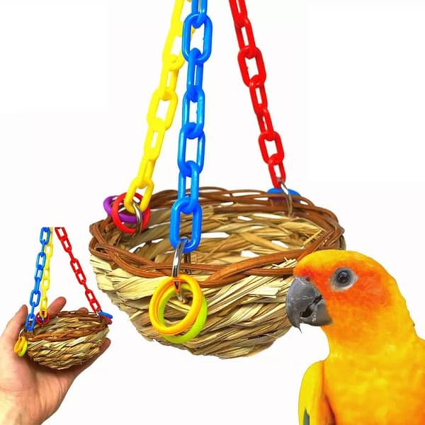 UK bird toys Basket Bird Toys Colorful Chew Hanging Parrot Quaker Parrot Budgie with coco nest Colorful Beads Bell Pet Bird Toy Parrot Hang Basket Straw Nest Cage Decoration