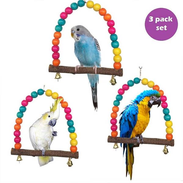 UK bird toys 3 pack swing set Bird Parrot Wooden beads Hanging Toy, Natural Wooden Perch Toy,  Multicolor Wooden Blocks and Natural Perch Slices, Chewing Toy Best for Large and Medium Parrots and Birds