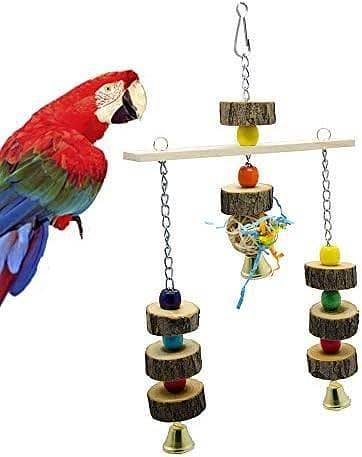 UK Bird Toys Parrot Chewing Toy Bird Bite Toy with Natural Wood Beeds, Natural Wooden Block Cage Toys for Macaw African Grey Cockatoo Parakeet