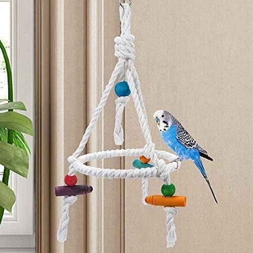 UK Bird Toys Bird Toys,Hanging Ring Parrot Toy Bird Toy Cotton Rope Stand Climbing Ladder Ring Soft Bed Parrot Cotton Rope, Bird Parrot Hanging Toy, Natural Wooden Perches Stand, Cotton Rope Hanging Toy, Best for Large and Medium Parrots and Birds