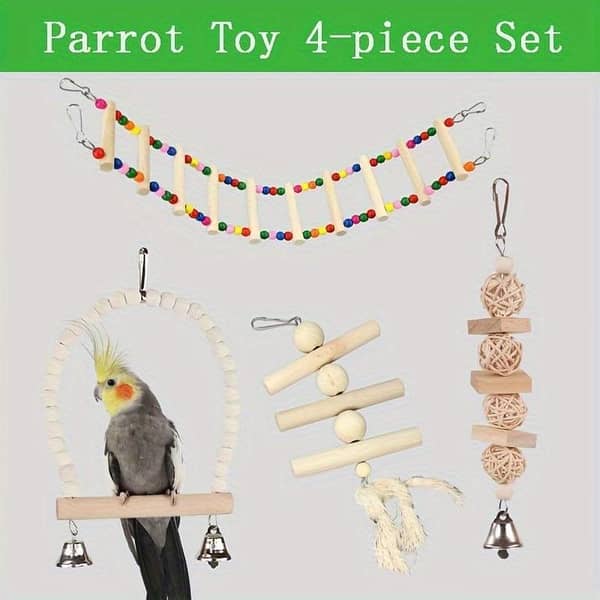 UK bird toys A Set of 4 Colorful Bird Toys, Including a Parrot Swing, Climbing Ladder, Standing Pole, And Chew Toys Made of Wood, Designed for The Habitat of Small Parakeets, Cockatiels, Conures, And Macaws.