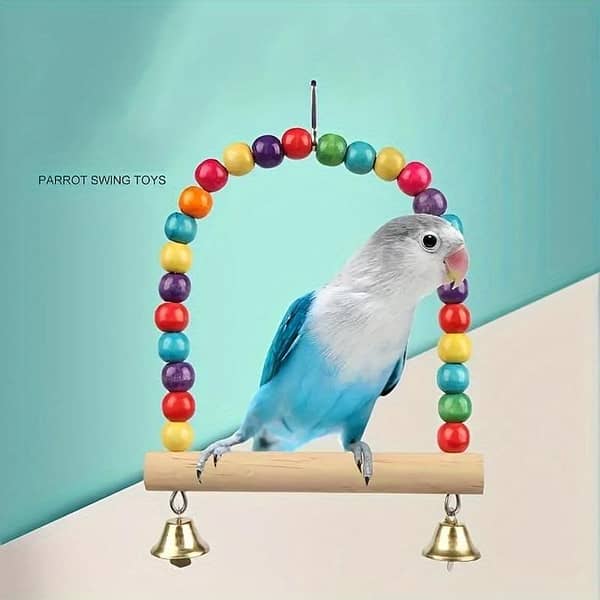 UK Bird Toys Parrot Swing Toy with Beads - Natural Wood Perch, Fun Play & Exercise Accessory for Bird Cage, Softwood Bird Swing for Birds Parrot Stand With Colored Wooden Beads Arch Swing, Birdcage Style Wooden Stand, Bird Toy Stand Stick Climbing