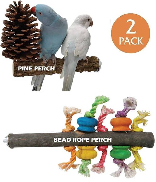UK Bird Toys 2 PACK Preening PINE Perch Wood & Rope Parrot Toy Natural Wood Bird Perch for Bird Cages,Parrot Stand Perch Platform Exercise Playground Toys Paw Grinding Stick Perch Stand Cage Accessories for Budgies Cockatiel Conure Parakeet Lovebirds