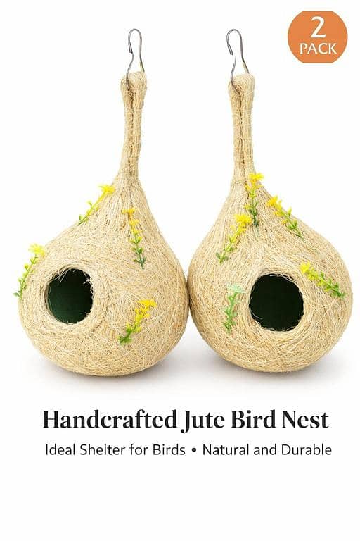 UK bird toys 2 pack Handmade Artificial beautiful Bird nest, Decorative Nest, excellent Decor Hanging Nesting Hand Woven Natural Humming Bird Nest Hut for Window Home Garden Tree Outdoor Event and Decoration