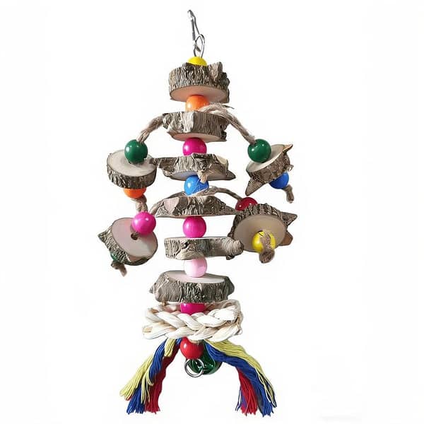 UK Bird Toys A Chewable Toy Made of natural Wood for Parrots, Featuring a Hanging Design with Bells And Colorful Beads, Suitable for Budgerigars, Cockatoos, Macaws, Lovebirds, Canaries
