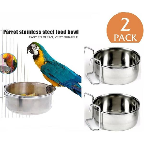 UK bird toys 2 Pack Bird Feeder Birds Bowls Stainless Steel Dishes Coop Cups with Wire Hook, Parrot Feeding Dish Cups Food Water Bowls