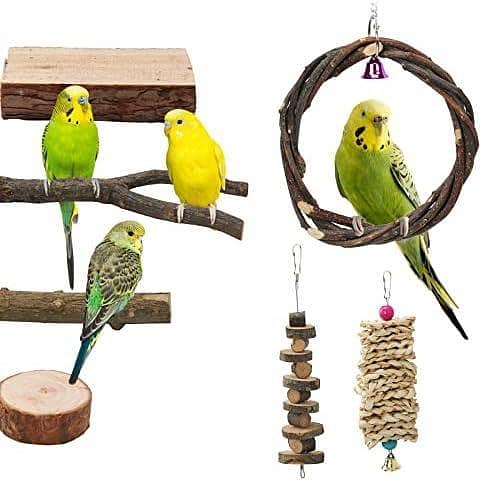 UK bird toys 7pcs Bird Perch Stand,Natural Wood Bird Toys Apple Wood Swing Platform Budgie Toys for Cage,Parrot Perch Stand Platform Cage Accessories Exercise Toys for Parrot Budgies Parakeet Lovebirds