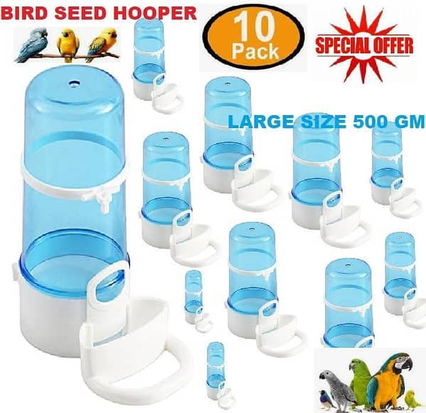 UK bird toys Pack Of 10 - Birds Seed Hopper 500 gram capacity Large - Multicolor food bowl automatic feeder