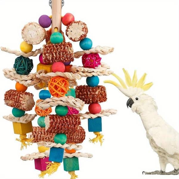 UK bird toys Parrot Chew Toy - Natural Corn Cob, Synthetic Fiber, Snack Style for Small to Medium Macaws, African Greys, Cockatoos, Parakeets, Cockatiels, Sun Conures, Lovebirds, with Wooden Blocks, Durable And Safe, for Bird Playtime / All Bird Types