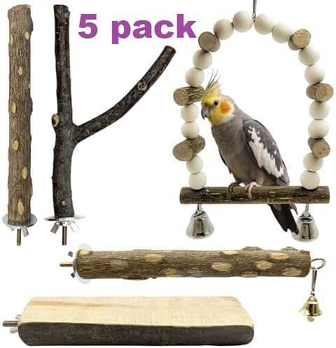 UK bird toys 5Pcs Natural Wooden Bird Perch Set – Parrot Perch Toys, Wooden Perch Swing, Cage Accessories for Budgies, Cockatiels, Lovebirds, Finches, and Other Small to Medium Birds