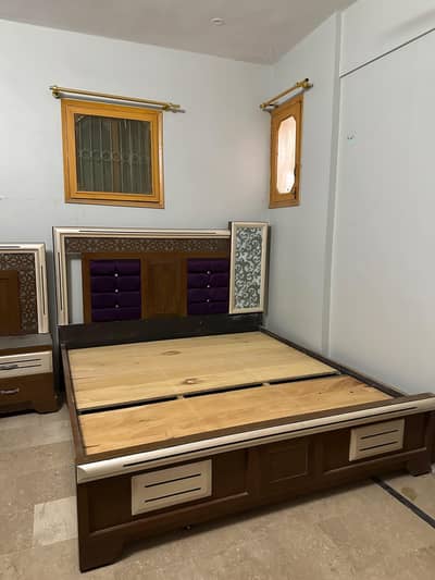 Full size bed with side tables,3door cupboards/almari, dressing table