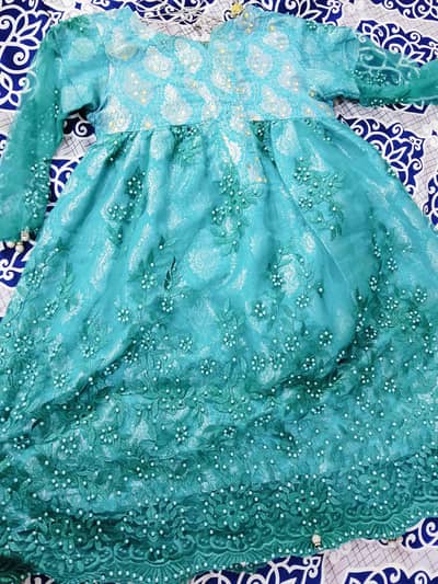 Net jamawar green short frok