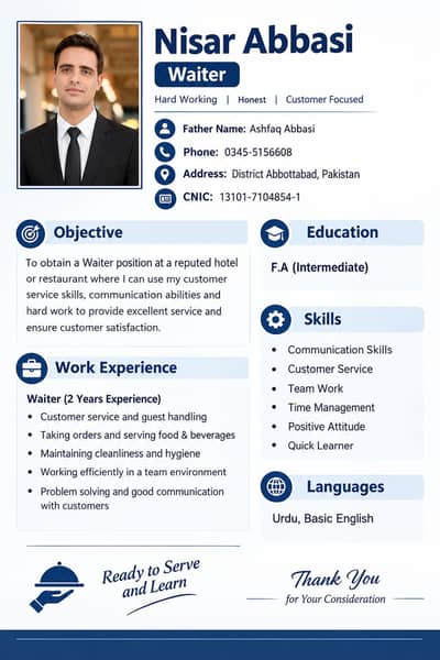 Looking for Waiter Job in Islamabad